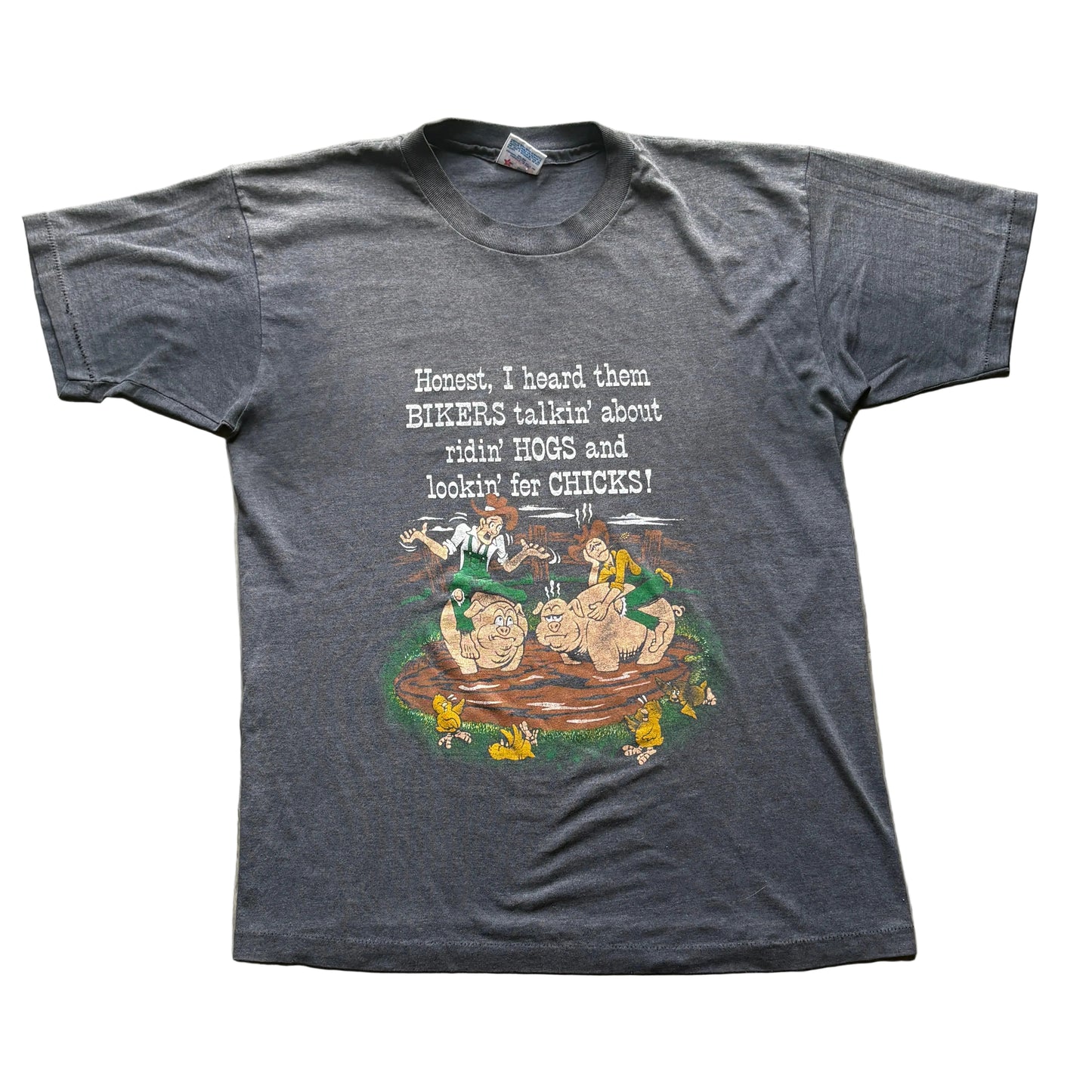 80s Ridin Hogs and Pickin Up Chicks Biker Tee L