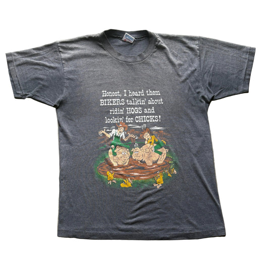 80s Ridin Hogs and Pickin Up Chicks Biker Tee L