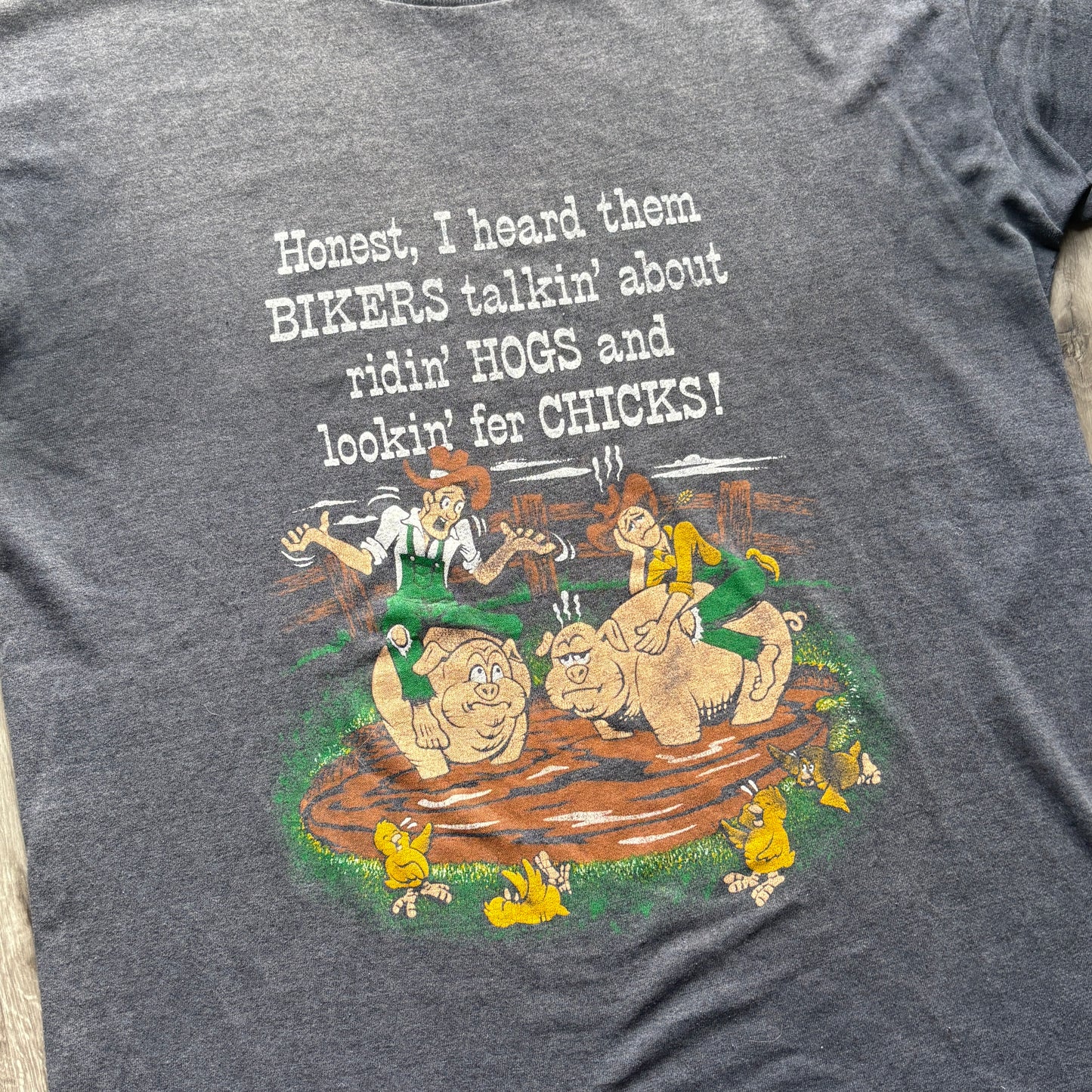 80s Ridin Hogs and Pickin Up Chicks Biker Tee L